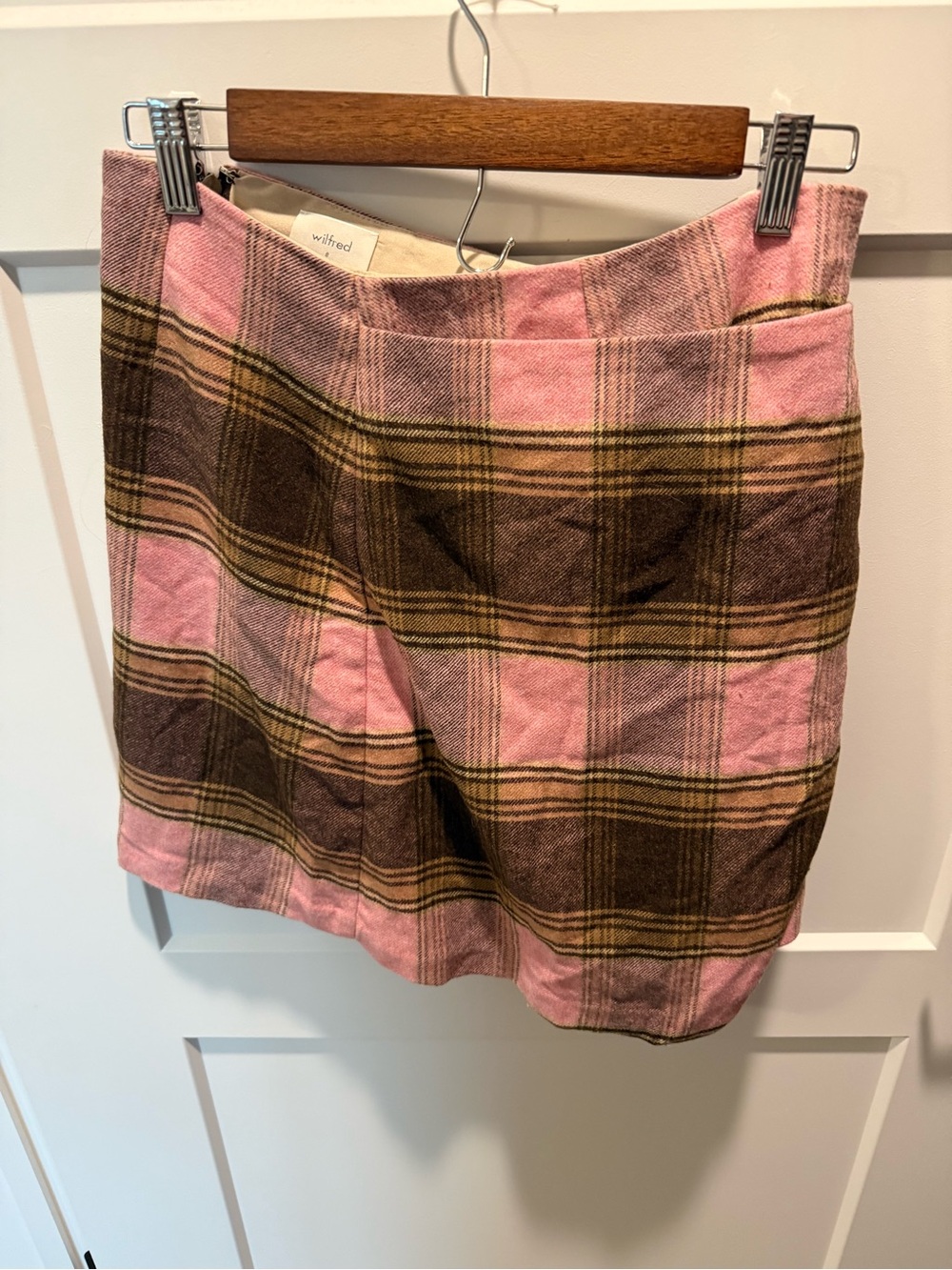 Wilfred Aritzia Plaid Wrap Skirt Pink Brown Wool Cashmere Blend Size 6